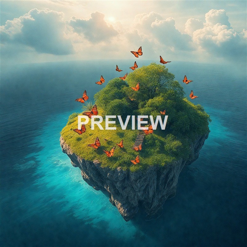 A small, lush green island with a large tree and numerous orange butterflies flying around, floating above the ocean under a partly cloudy sky.